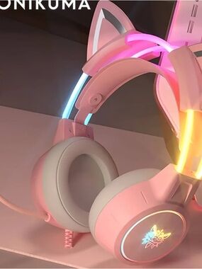 Onikuma Pink Cat Ear Gaming Headset Wired LED